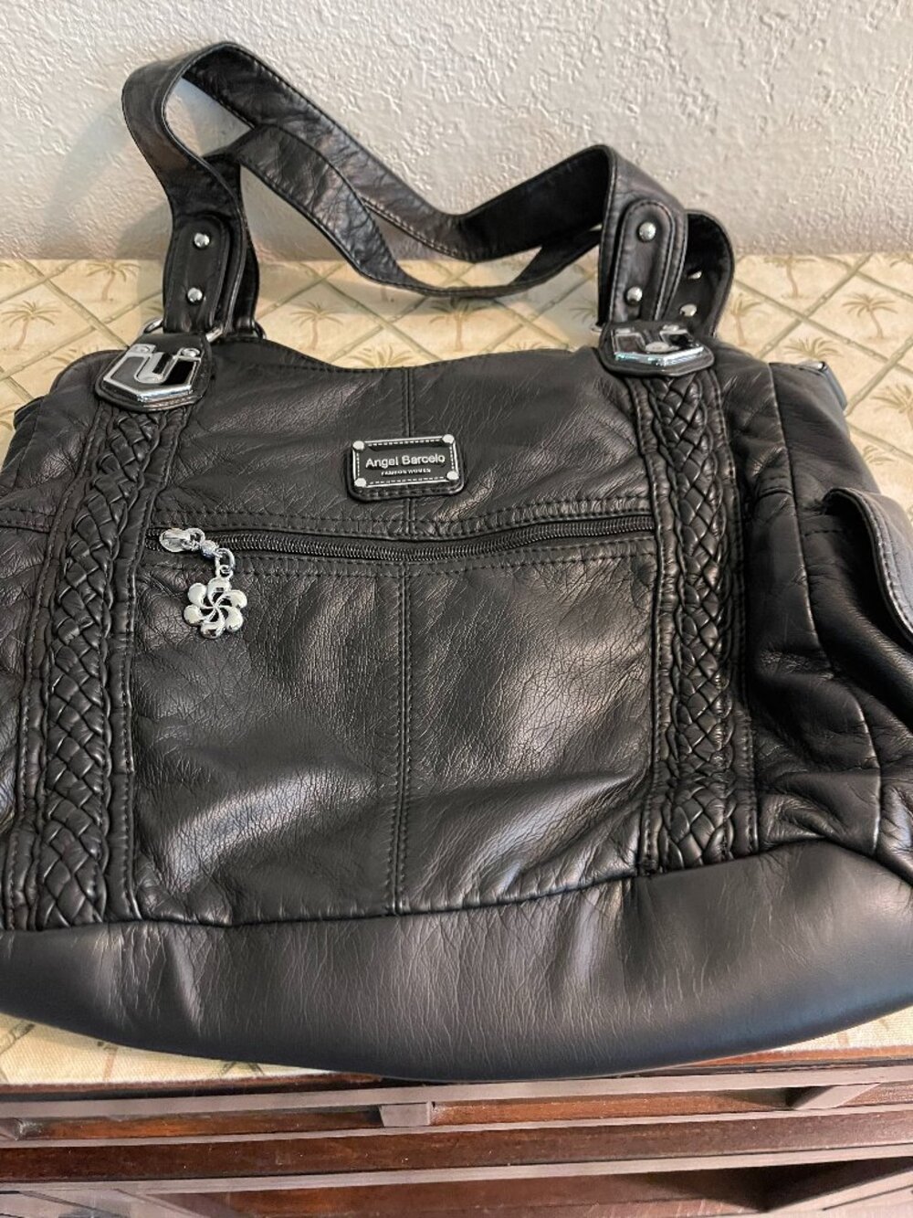 Angel Barcelo Women's Hobo Shoulder /Crossbody Black Faux Leather Purse